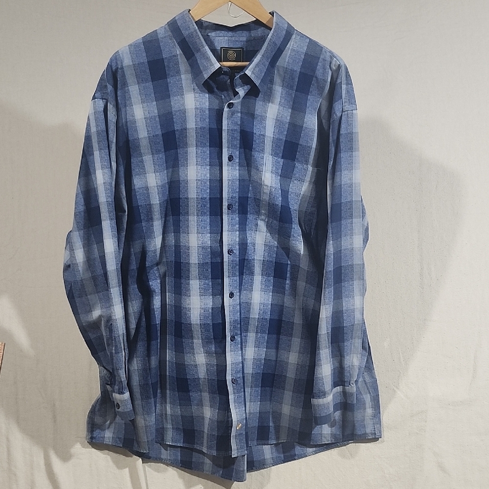 FX Fusion Men's Blue Plaid‎ Long Sleeve Button Shirt Size 4X Cotton Poly Blend